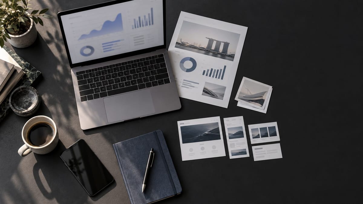 A marketing studio desk laid out with a laptop showing analytics, printed strategy reports and website layouts.