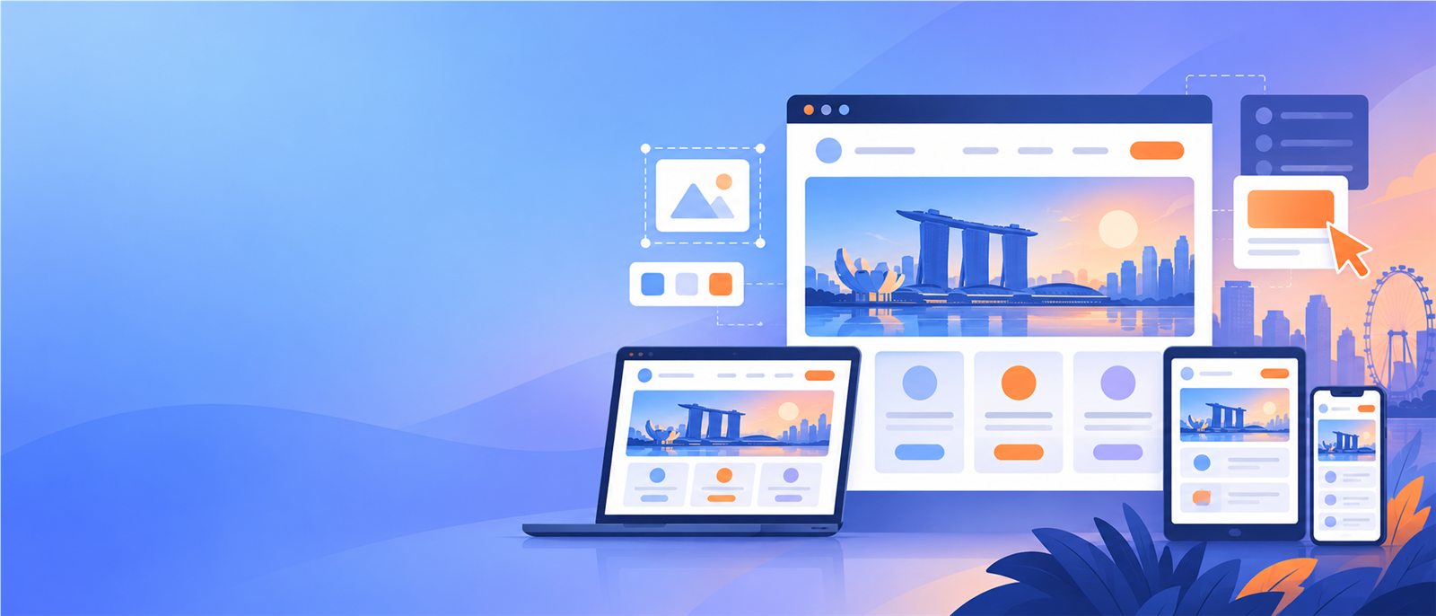 Illustration of a responsive website layout shown across desktop, tablet and mobile screens.